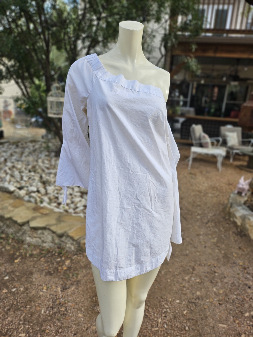 Free People White Off-Shoulder 100% Cotton Bell Sleeve Tunic Blouse L